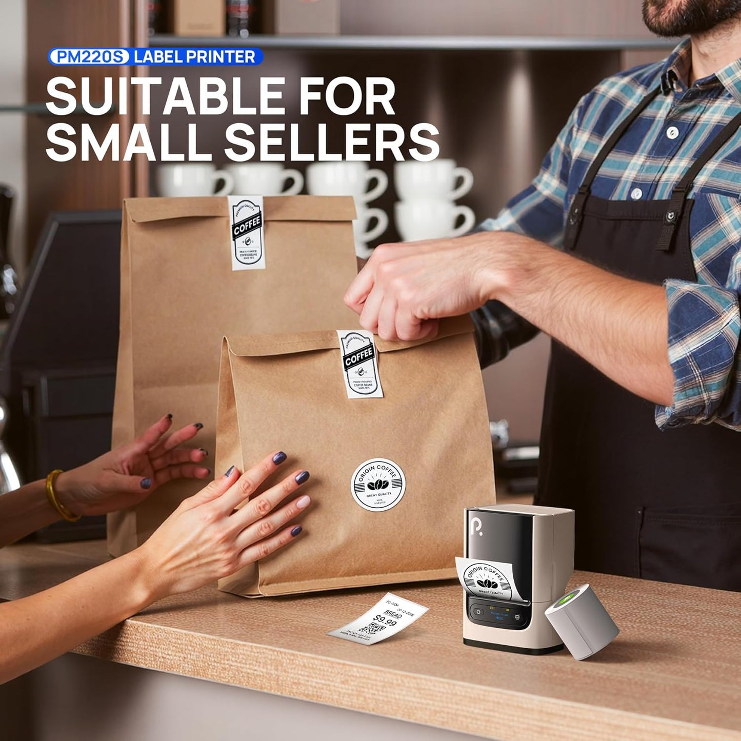 PM220S Label Maker Machine with Tape, 2 Inch Bluetooth Portable Thermal Label Printer for Small Business, Beige