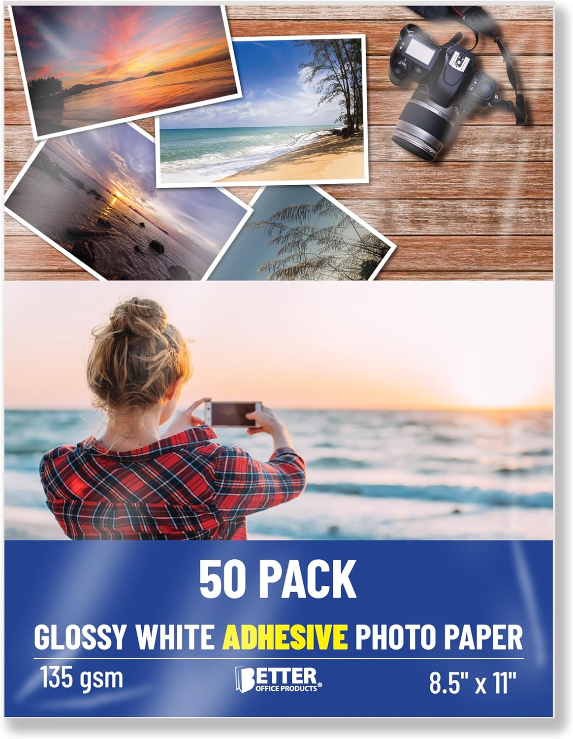 Better Office Products Self-Adhesive Photo Paper, Sticky Photo Paper, Glossy, 8.5 x 11 Inch, 50 Sheets, 135 gsm, Letter Size, 50-Count Pack