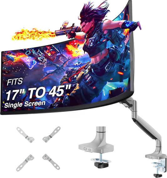 AVLT Single 17"-45" Monitor Arm Desk Mount Premium Mechanical Spring fits One Flat/Curved/Ultrawide Monitor Full Motion Height Swivel Tilt Rotation Adjustable, Gray