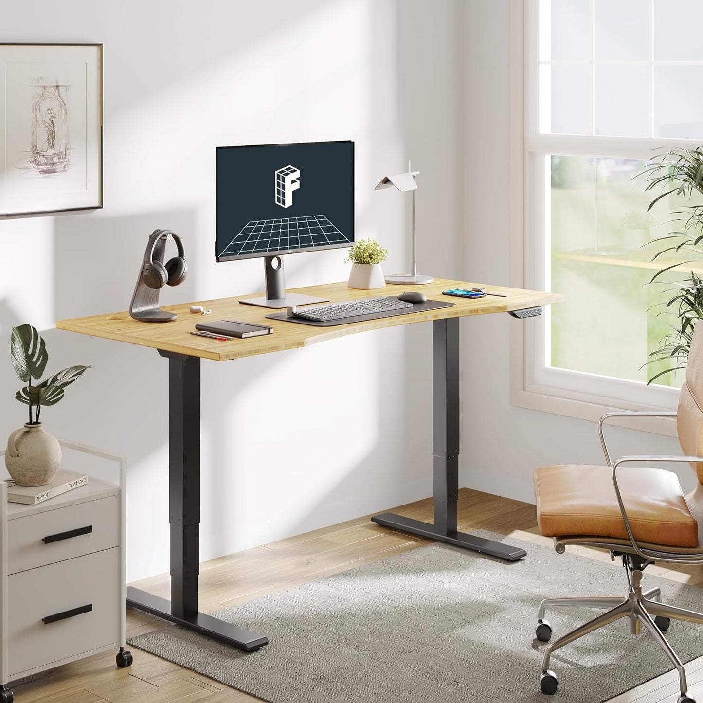 FLEXISPOT E6 MAX Bamboo Dual Motor 3 Stages Standing Desk 78x30 Inch Whole-Piece Board Electric Height Adjustable Stand Up Desk 150KG Load Capacity(Black Frame + Bamboo Curved Desktop)