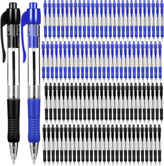 Fainne 200 Pack Retractable Ballpoint Pen 1.0 mm Medium Point Refillable Smooth Click Writing Pens With Grip for Work Journal Writing Office School Supplies(Black Ink, Blue Ink)