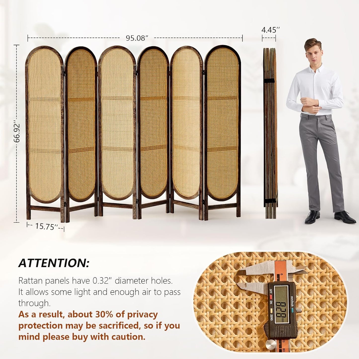 6 Panel Room Divider, Hand-Woven Rattan Room Divider Screen, Folding Privacy Screens with Double Hinges, Wooden Freestanding Wall Divider for Room Separation Bedroom Home Office - Brown