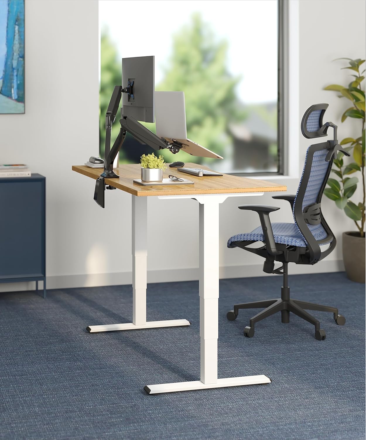 FLEXISPOT E6 Essential Bamboo 3 Stages Dual Motor 48x24 Inch Electric Height Adjustable Standing Whole-Piece Board Desk Sit Stand Up Desk (White Frame + Bamboo Curved Desktop)