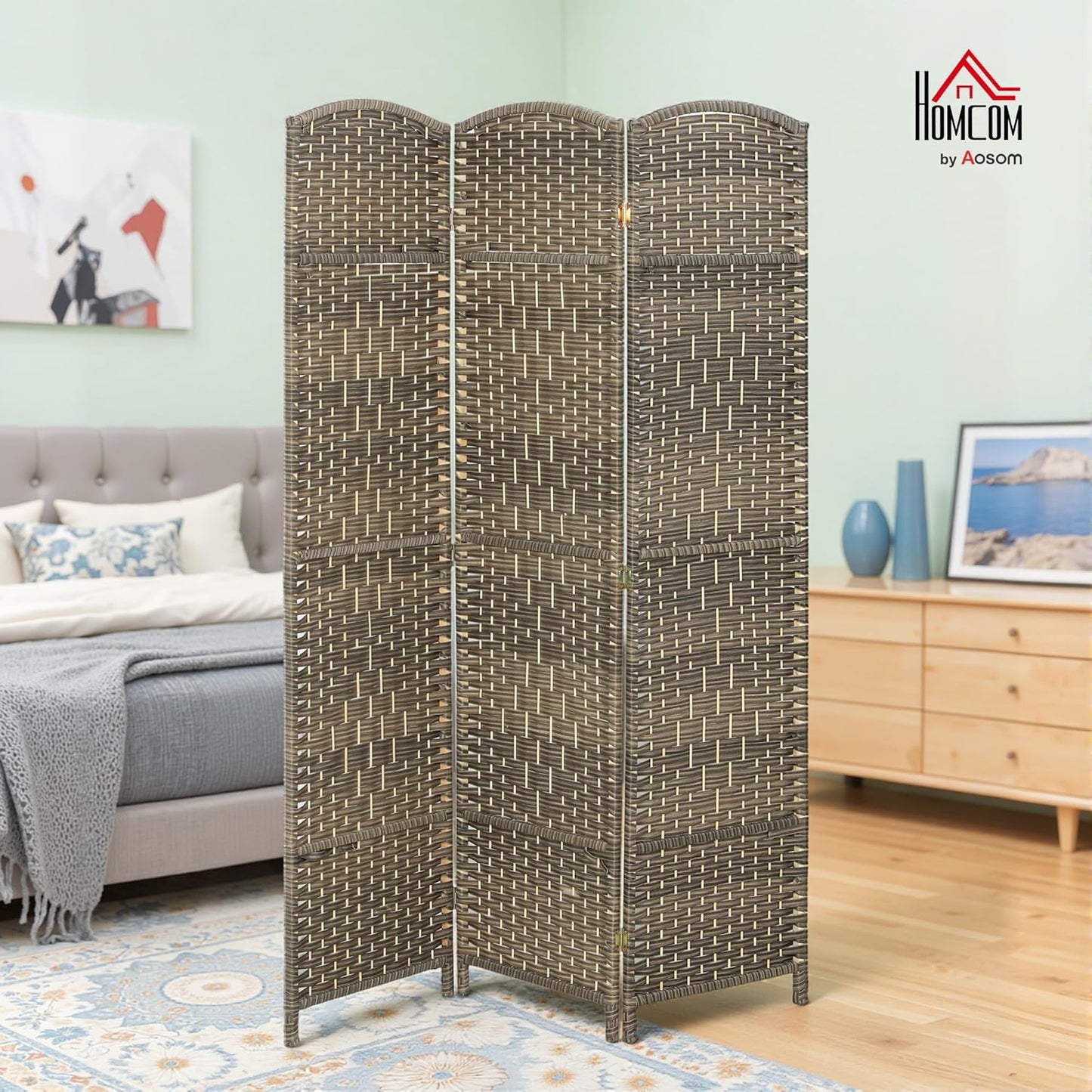 HOMCOM 3 Panel Room Divider, 6' Tall Folding Privacy Screen, Hand-Woven Freestanding Wall Partition for Home Office, Bedroom, Dark Rustic Oak