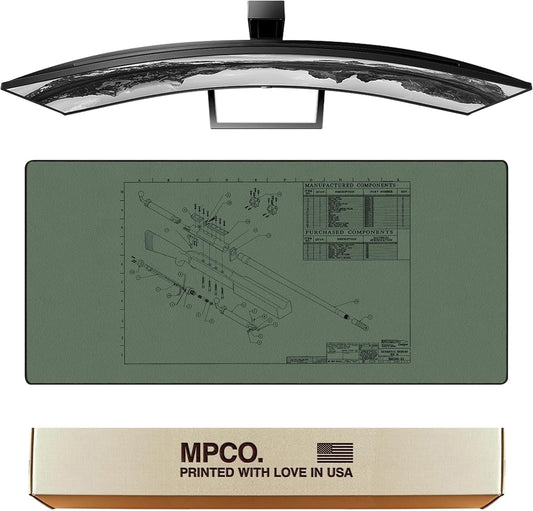 MPCO. Blueprints Large Gaming Desk Pad - 36" x 17" Aeroglyde Fabric Browning 50 Cal – Green Desk Mats - Non-Slip, Washable, Smooth Glide for Precision Gaming & Work