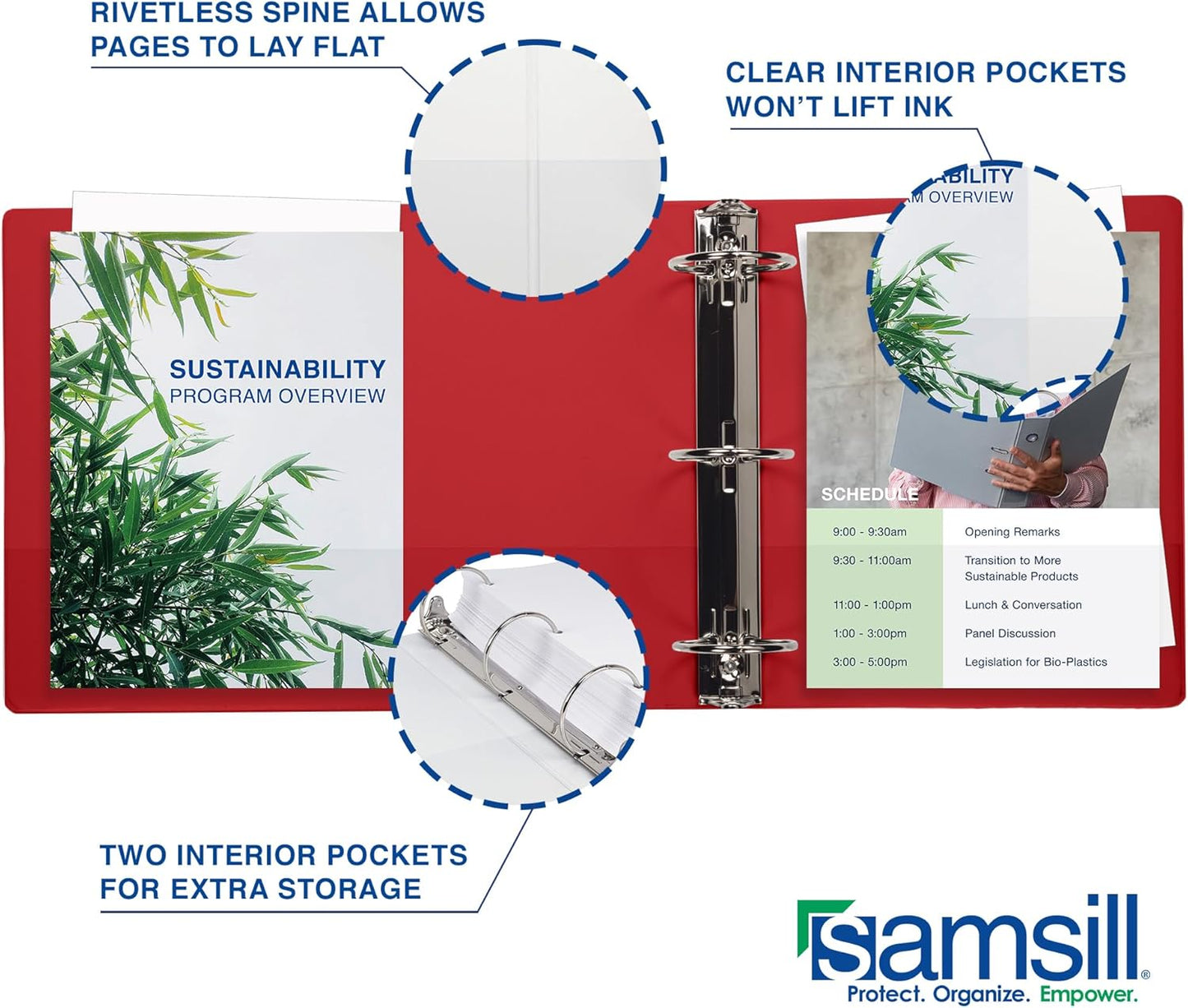 Samsill 2 Inch 3 Ring Binders, Made in USA, Economy Round Ring, Clear View Cover, 425 Sheet Capacity - for School, Home, Office - Red, 4 Pack