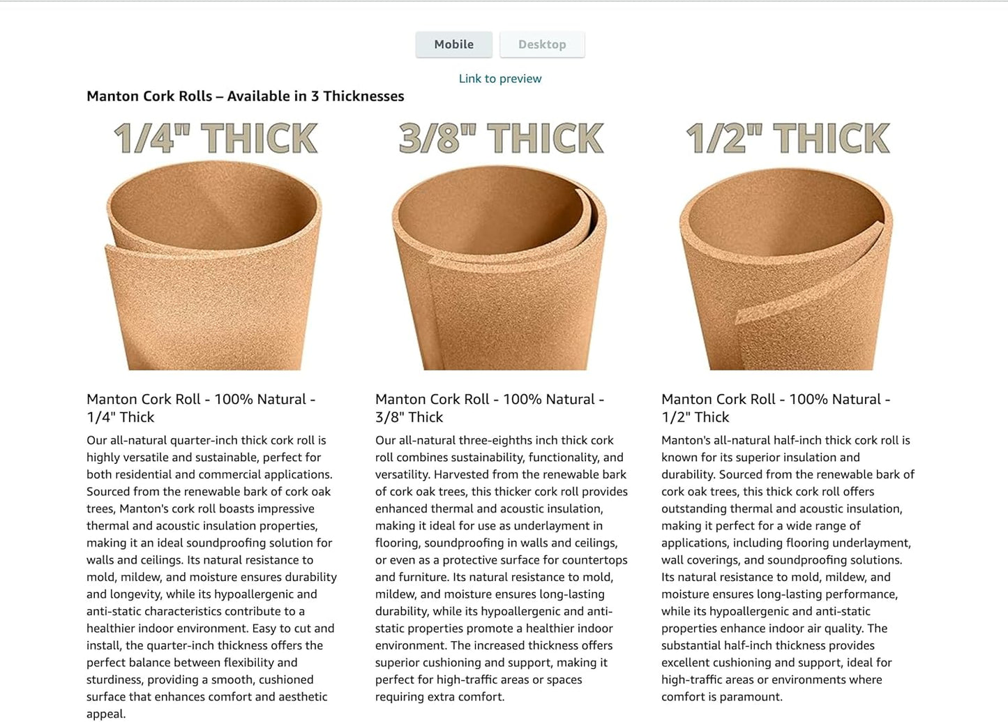 Manton Cork Premium Cork Roll - 4' x 5' x 1/2", 100% Natural Facing Grade Material for Bulletin Boards, Decorative Photo and Message Push Pin Displays - Perfect for Home, School, and Office