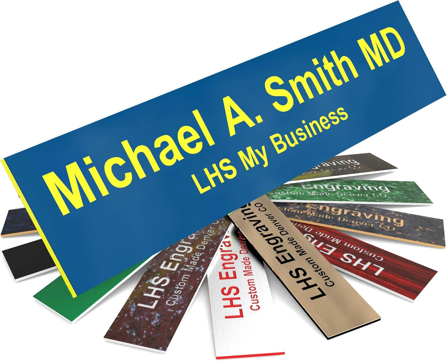 Engraved Door Signs for Office Personalized Blue Plastic Door Plaque with Yellow Letters - Made in USA 2x6 B20