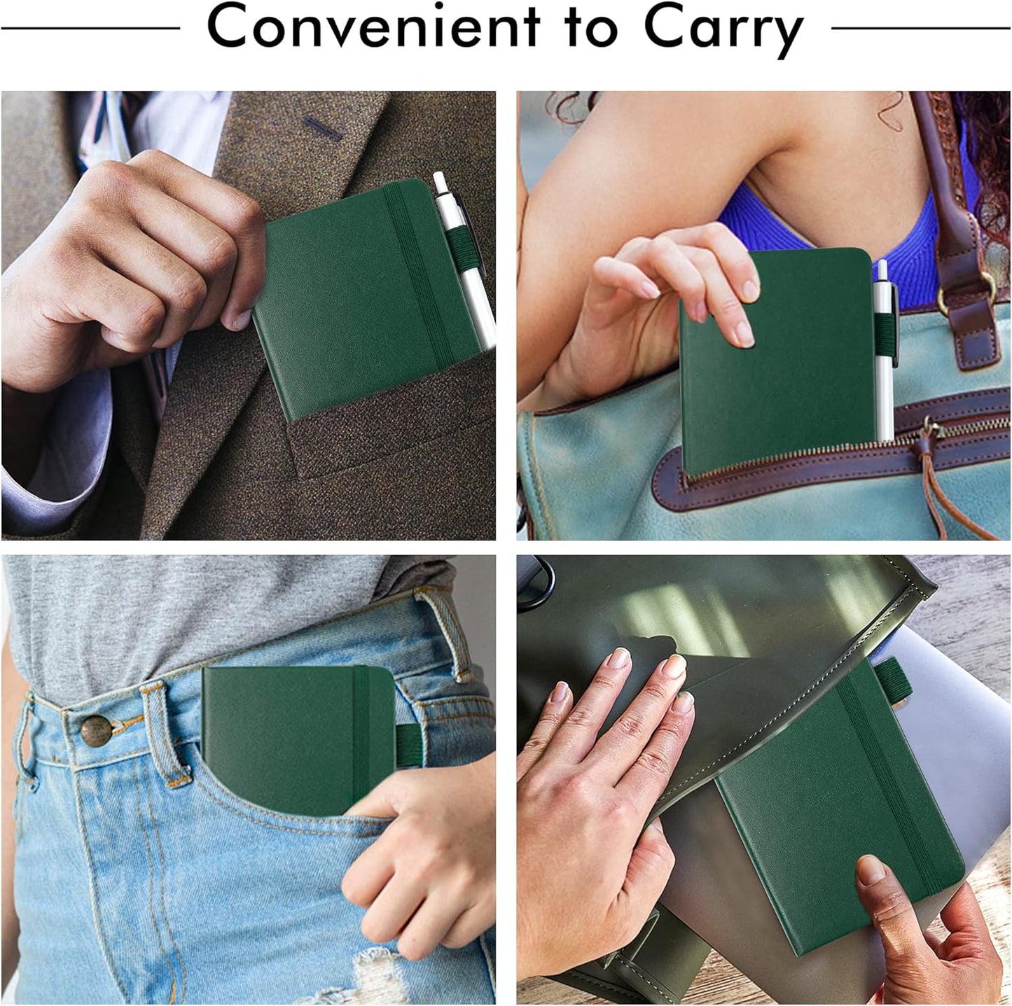 feela 3 Pack Pocket Notebook Journals with 3 Black Pens, A6 Mini Cute Small Journal Notebook Bulk Hardcover College Ruled Notepad with Pen Holder for Office School Supplies, 3.5”x 5.5”, Dark Green