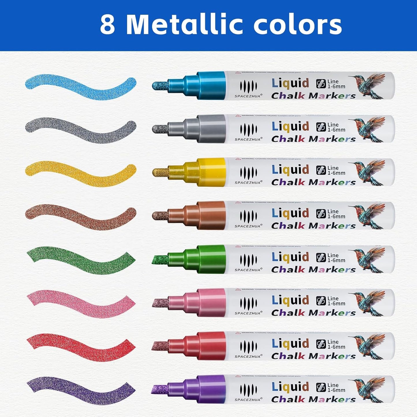 Chalk Markers for Blackboard 8 Metallic Colors, 6mm Reversible Bullet & Chisel Tips, Chalk Pens Wet & Dry Erasable Markers for Whiteboard, Chalkboard, Calendar, Windows, Glass, Signs