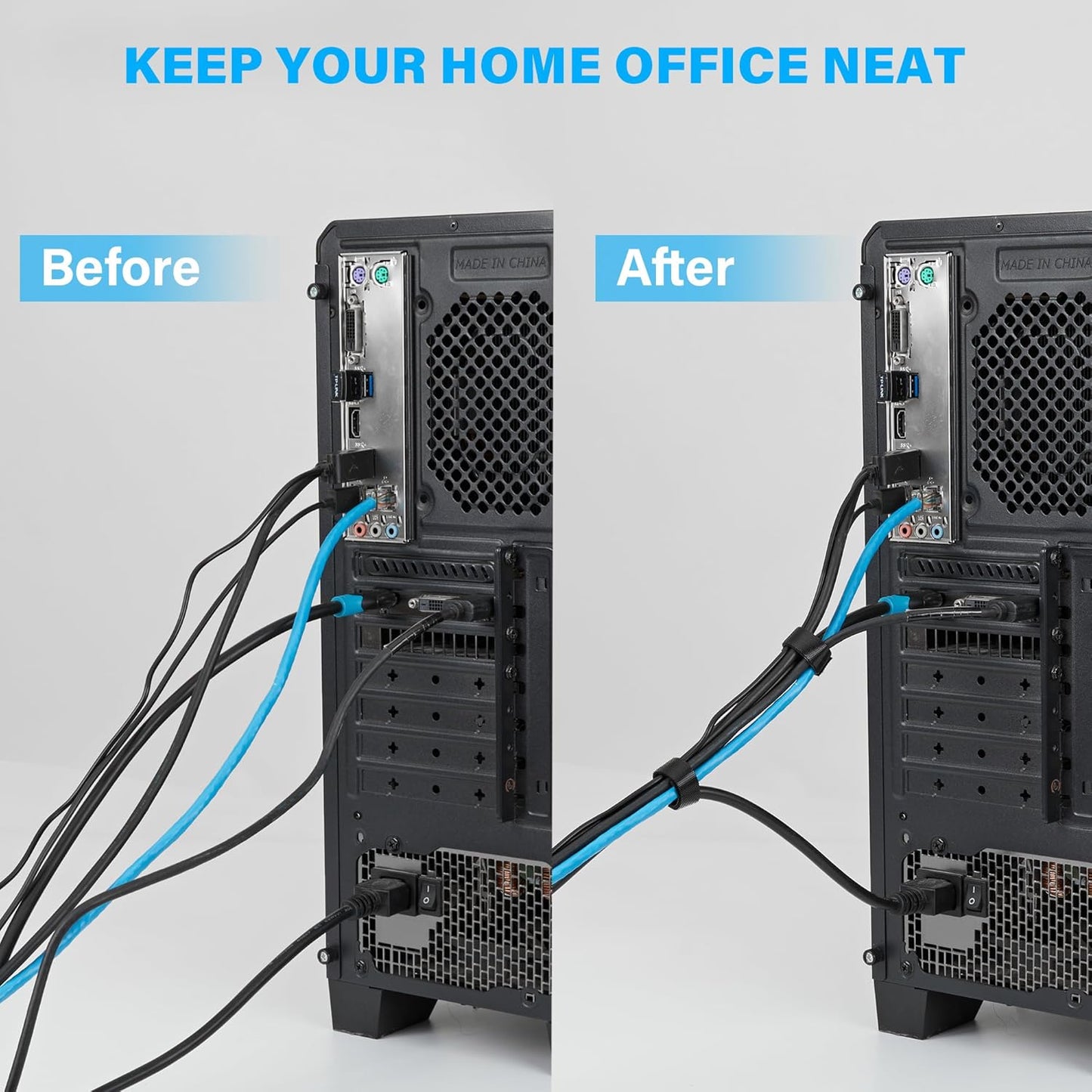 70 PCS Reusable Cable Ties with Hook and Loop, Multi-purpose Adjustable Cable Management Wire Ties & 10 PCS Cable Labels, Cord Organizer for Home, Office and Data Centers (4/6/8 Inch, Black+Grey)