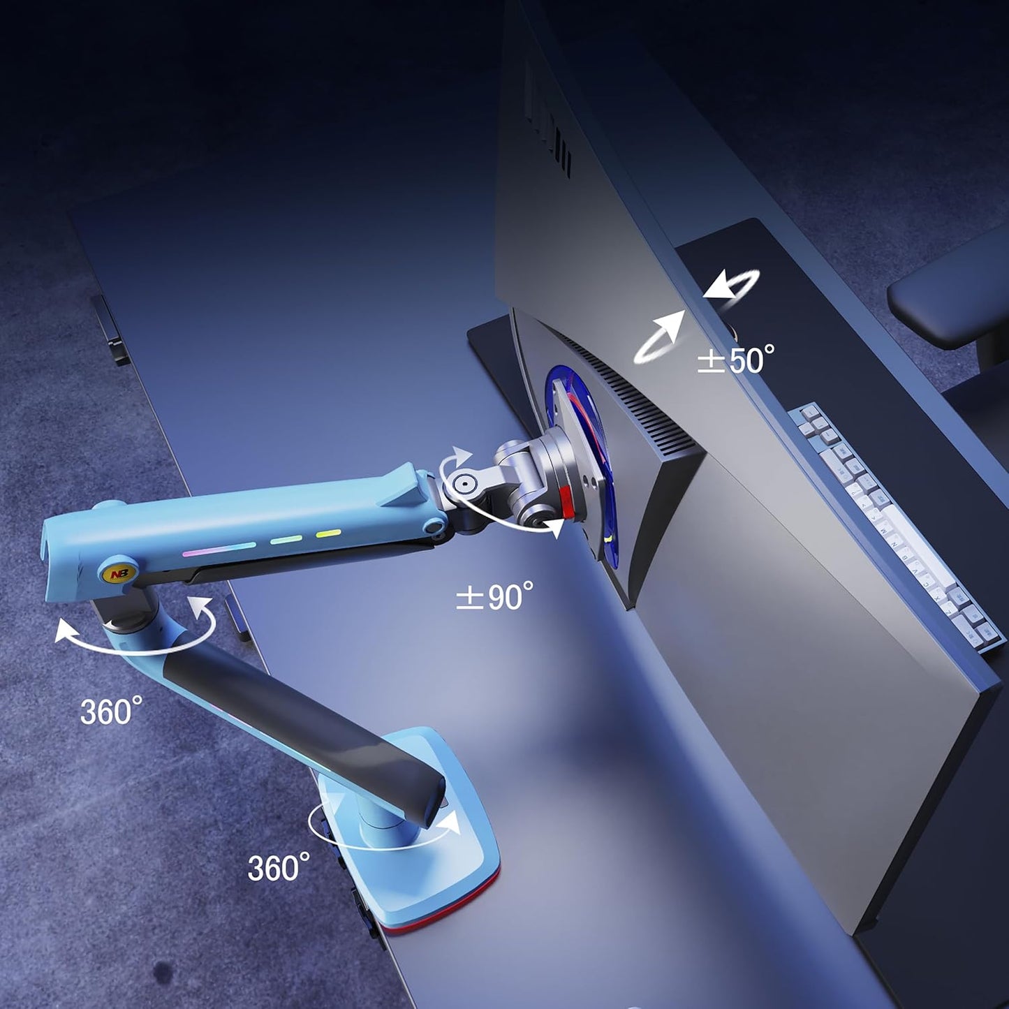 NB Gaming Monitor Arm or for 32 to 60 Inches Screen, Load up to 20 kg, VESA 75/100, RGB-Light, Heavy Duty, Multi Angle Adjustable, Premium Aluminum, Blue