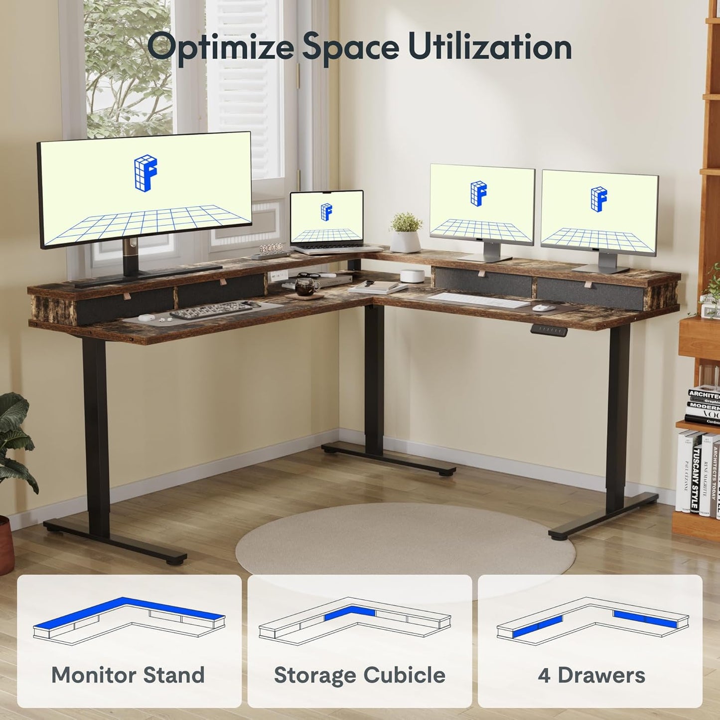 FLEXISPOT 71'' L Shaped Standing Desk Electric Corner Table with Shelf, 4 Storage Drawers, Adjustable Computer Workstation for Home, Office, Game, Studio, Rustic Brown Top + Black Frame