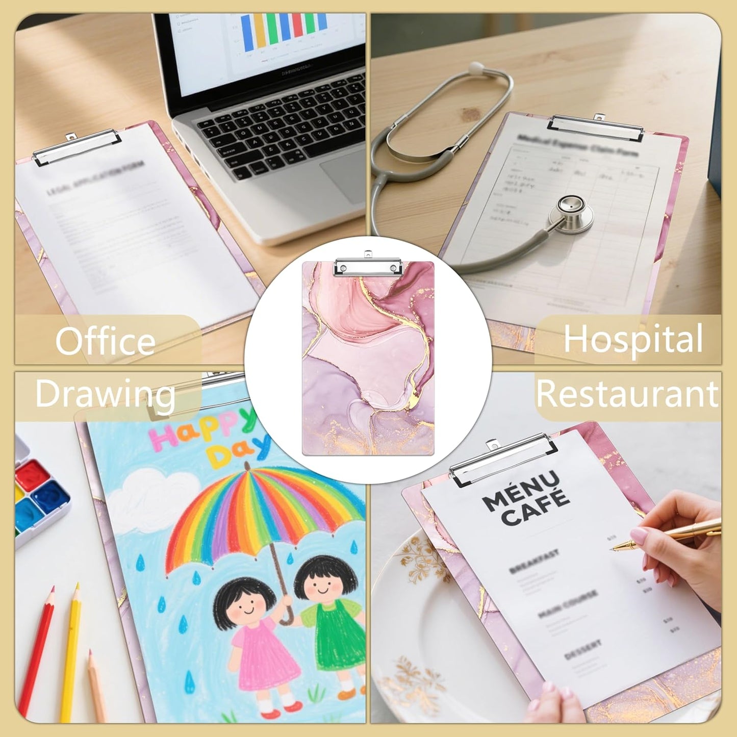 Pink Marble Plastic Clipboards,Decorative Plastic Acrylic Clipboard for Teacher Social Worker Students Office Supplies 8 * 12