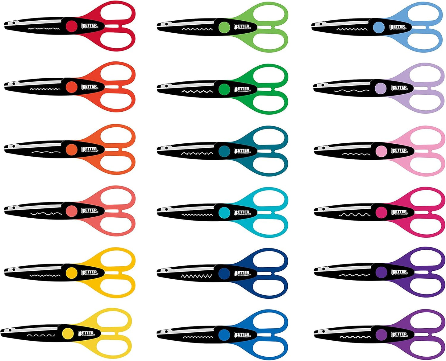 Better Office Products 18 Piece Decorative Edge Craft Scissors, 18 Colors and Edge Designs, 6 Inch Length, 2.5 Inch Blades, Assorted 18 Count Edger Scissors
