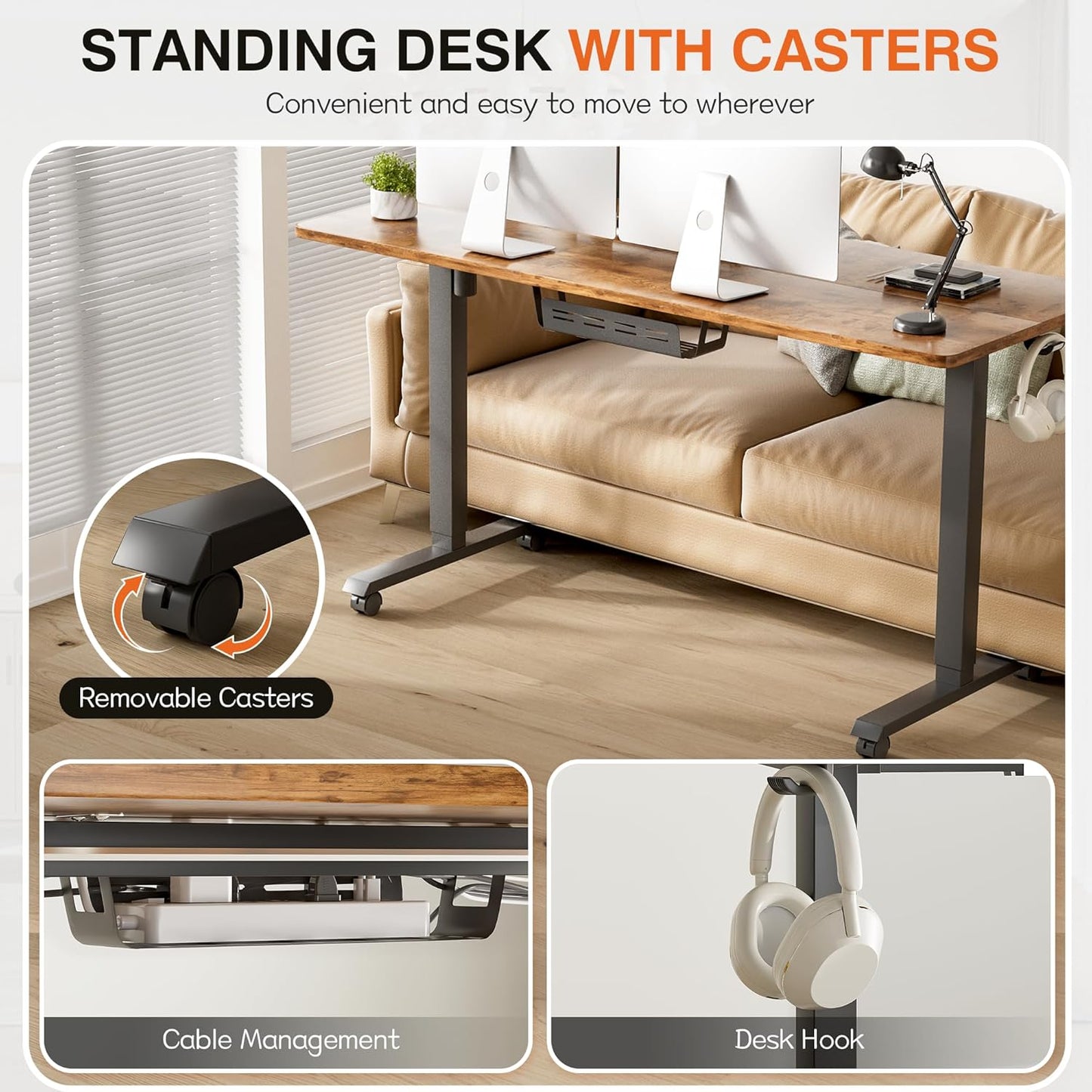 Furmax Electric Standing Desk, 59 x 24 Inches Height Adjustable Desk with Wheels, Home Office Computer Desk with Management Box (Brown)