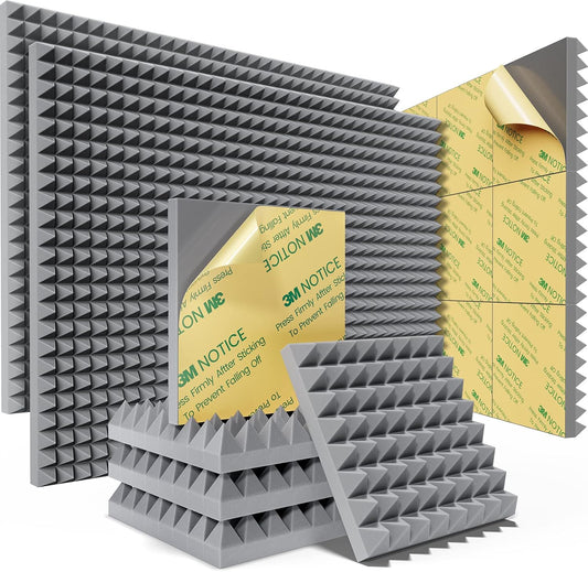 Sonicism Acoustic Panels Self-Adhesive Pyramid 36 Pack,12" X 12" X 2"Sound Proof Foam Panels for Walls Fast Expand 35kg/m³High Density Soundproof Wall Panels,Sound Absorption and Decoration Gray