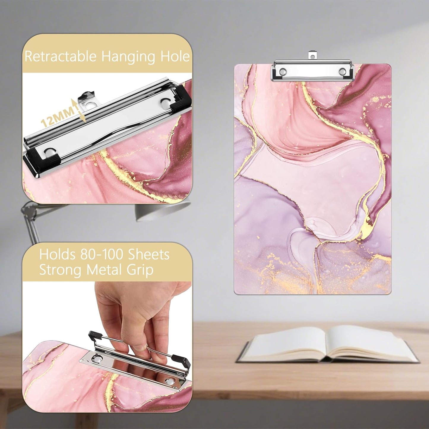 Pink Marble Plastic Clipboards,Decorative Plastic Acrylic Clipboard for Teacher Social Worker Students Office Supplies 8 * 12