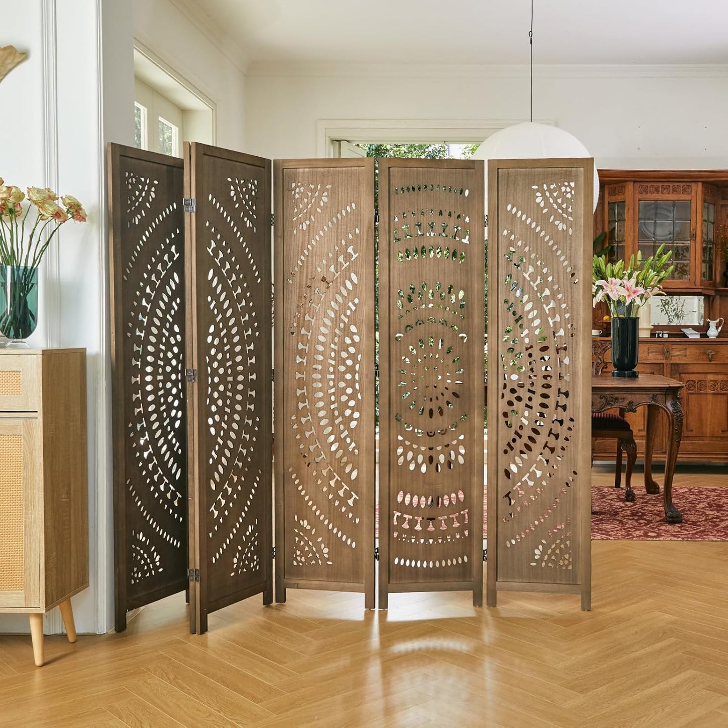 66.9Inch Folding Room Divider, 6 Panels Wood Carved Privacy Screens Free Assembled Freestanding Partition for Bedroom Home Office (Brown)