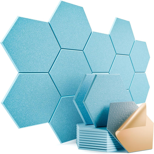 12 Pack Self-adhesive Acoustic Panels 12" X 10" X 0.4" - Sound Proof Foam Panels with High Density, Stylish Hexagonal Design, Flame Resistant, Absorb Noise and Eliminate Echoes(Light Blue)