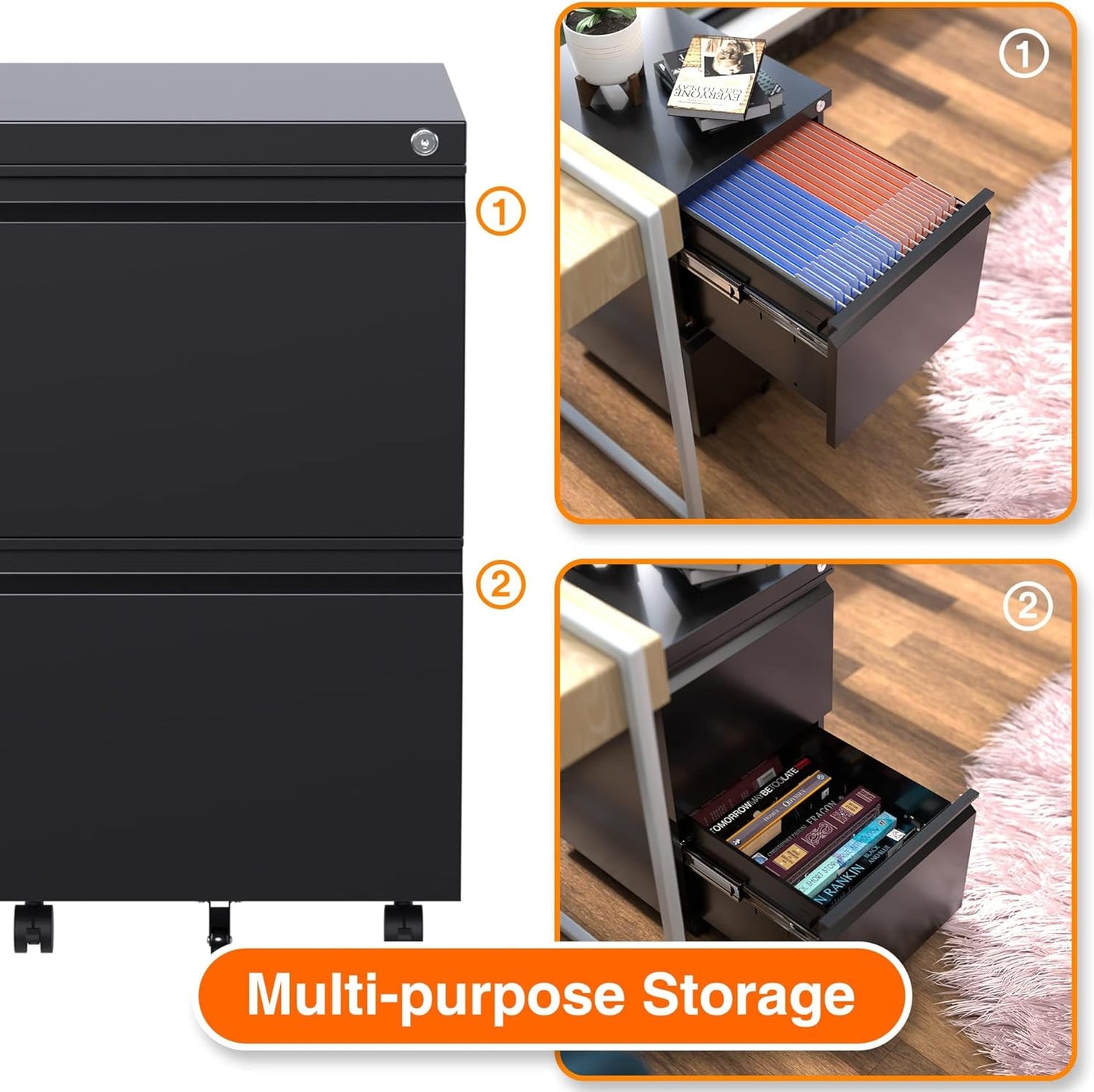 Aobabo Metal 2 Drawer Mobile File Cabinet with Lock, Under Desk Office Steel Filing Cabinet, 25.6''H Legal/Letter Size, Black, Fully Assembled Except Wheels