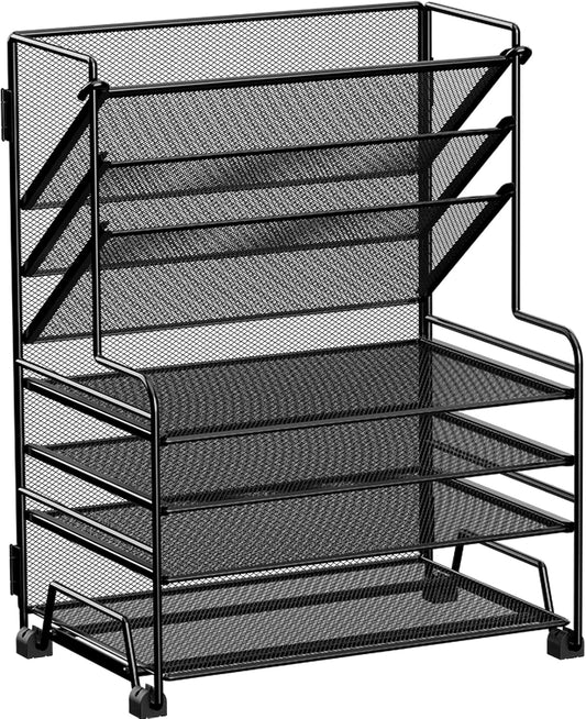 4-Tier Paper Organizer + 3-Pocket File Holder + Drawer + Pen Holders, Desktop File Organizers Paper Tray for Office Supplies School Classroom Organization (Black, No Drawer & Pen Holder)