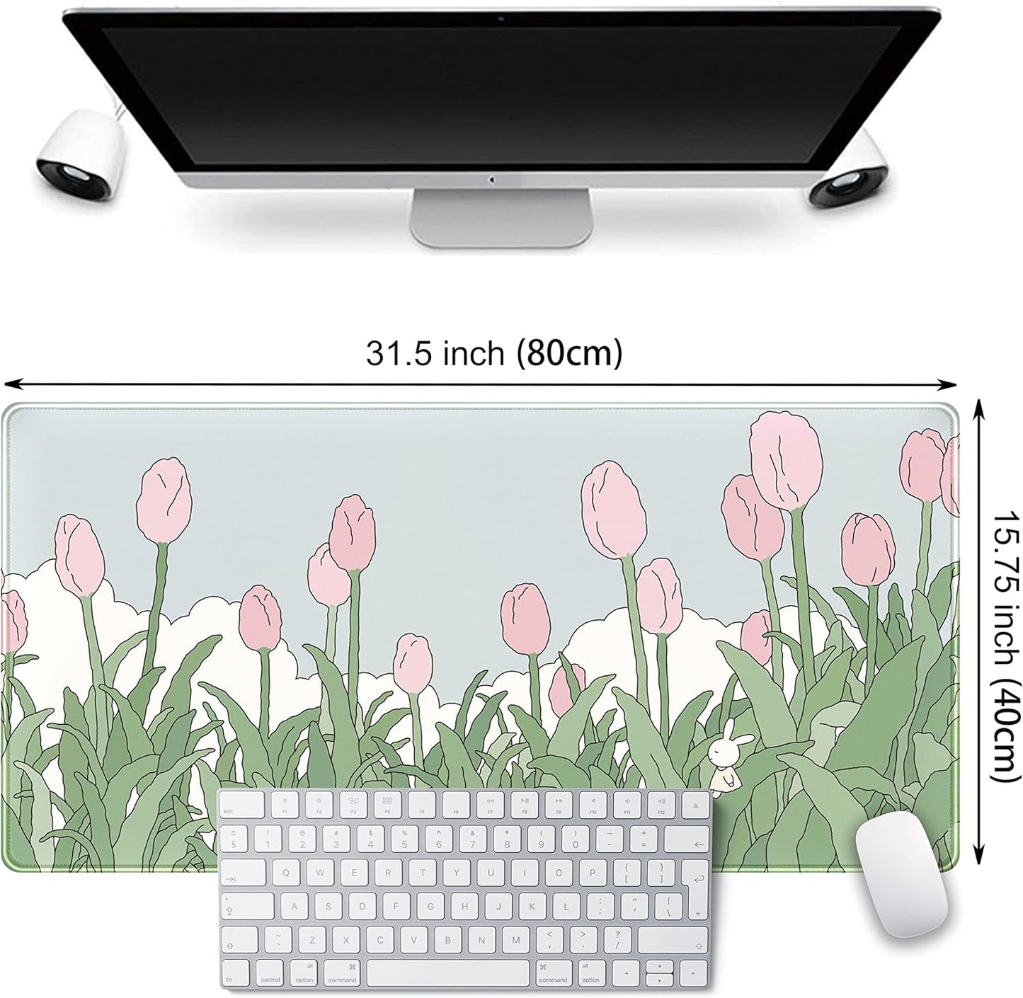 WatercolorTulip Flower Mouse Pads,Extended Gaming Mousepad XXL Kawaii Anime Desk Mat Pink Green Large Full Desk Mouse Pad for Wireless Mouse Keyboard Mat with Stitched Edges 31.5" x15.75
