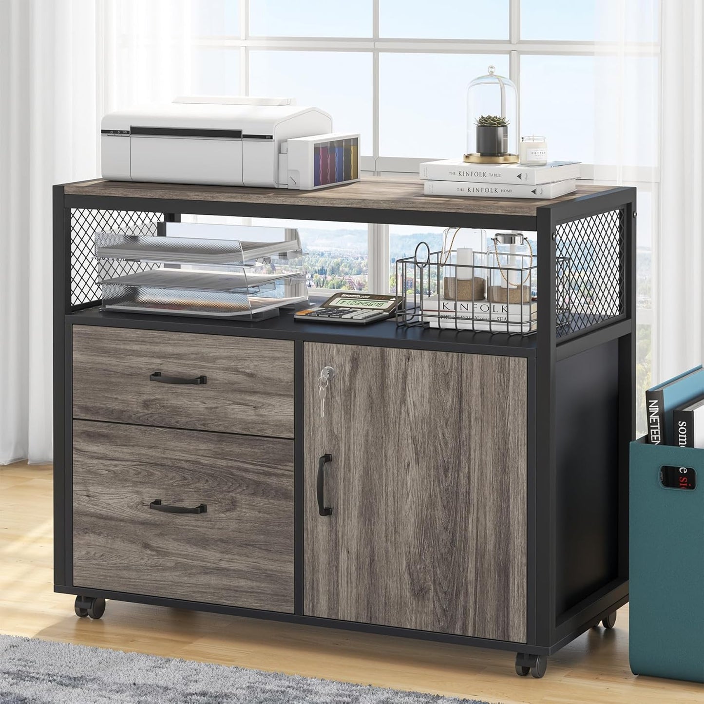Tribesigns Modern File Cabinet with Drawers for Letter-Sized File and Door, Lockable lateral Filing Cabinet Printer Stand with Storage Shelves and with Rolling Caster for Home Office (Gray)