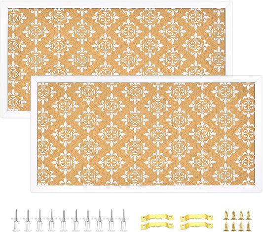 Decorative Cork Board for Walls, Bulletin Board with White Floral Print, White Framed Pin Board Vision Board for Office School Bedroom and Dorm Room with Pins, Screws(WH,3060,2pc)