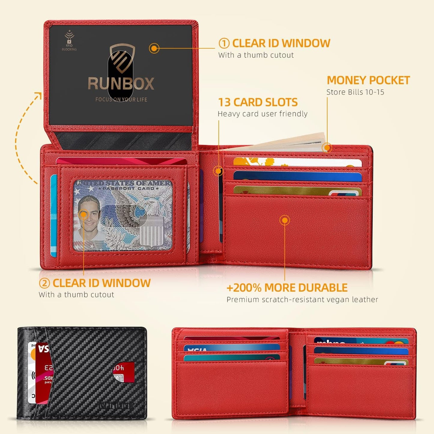RUNBOX Wallet for Men Slim Rfid Leather 2 ID Window With Gift Box
