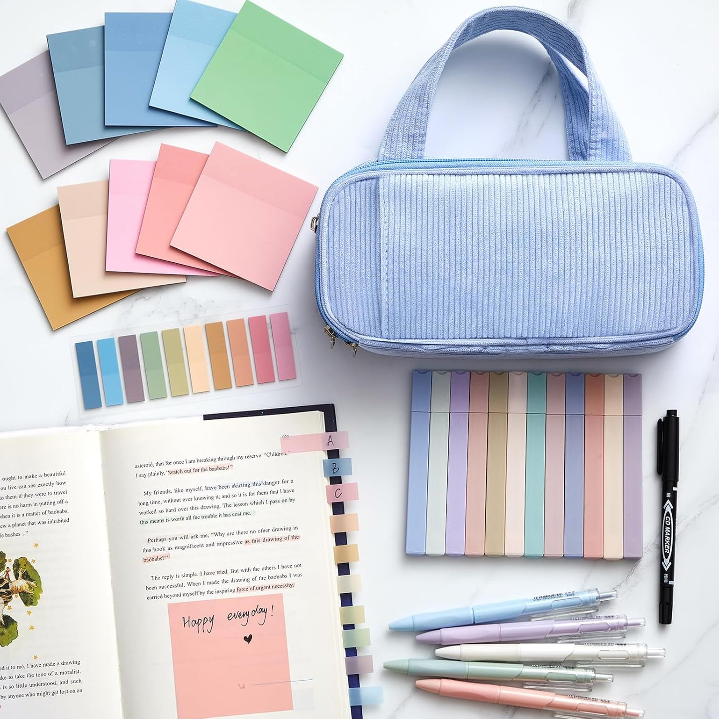 Jutom 39 Pcs Aesthetic Book Annotation Kit Highlighter with Pencil Case Bag Gel Pen Transparent Sticky Note Taking Bible Study College School Supplies(Light Blue,Classic Style)