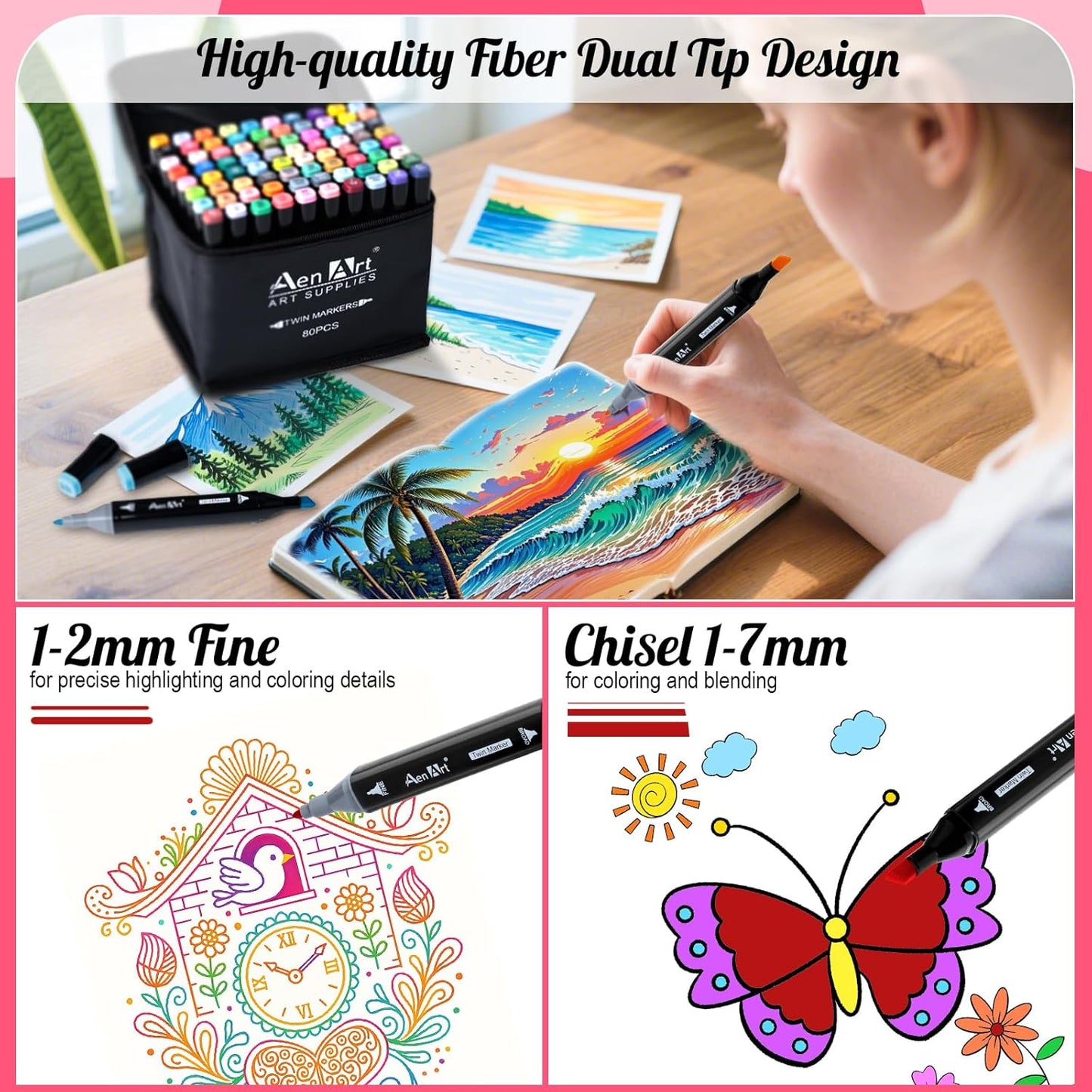 AenArt Alcohol Markers Set, 80 Color Dual Tip Art Drawing Markers, Artist Pens with Organizing Case for Adult Drawing Coloring Sketching