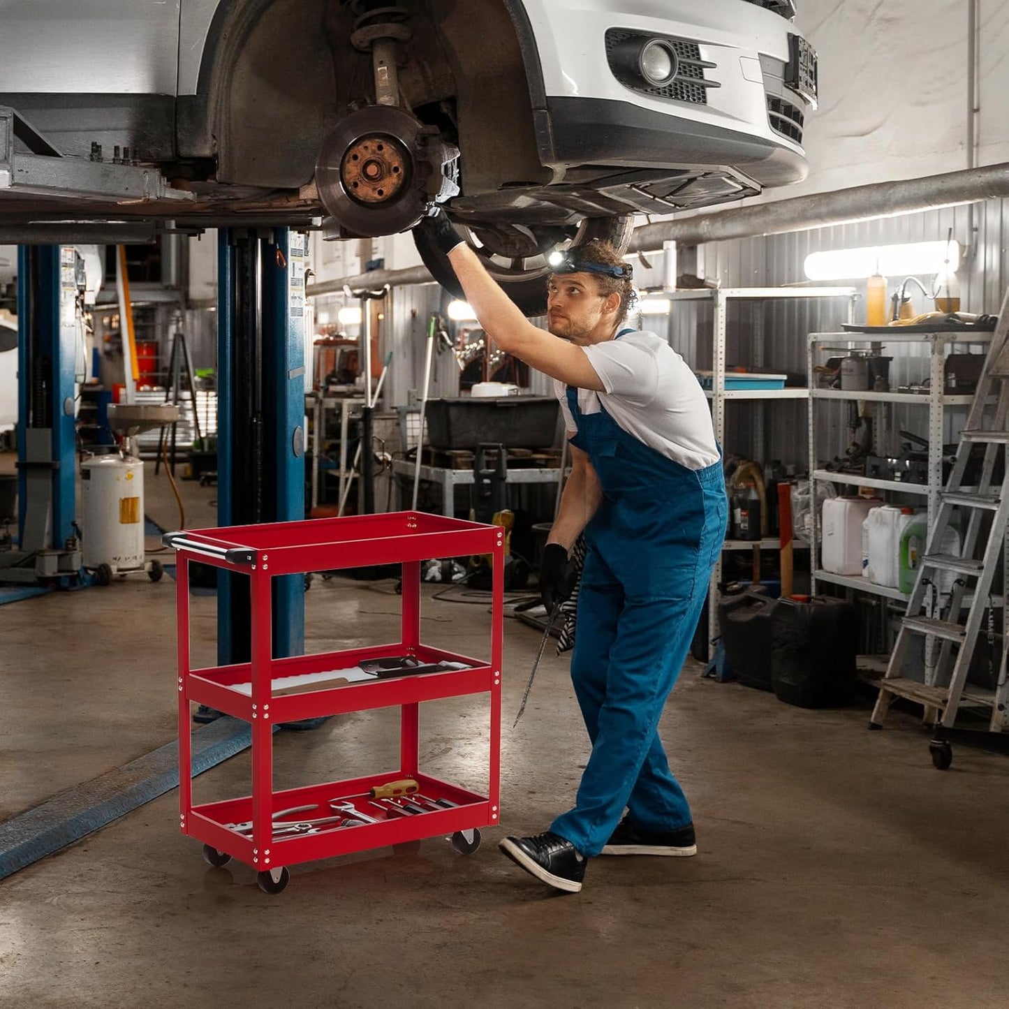 ALANNG 330 LBS Rolling Tool Cart, Heavy Duty Mechanic Cart, Metal Service Cart for Garage Workshop (Red, 1 Pack)