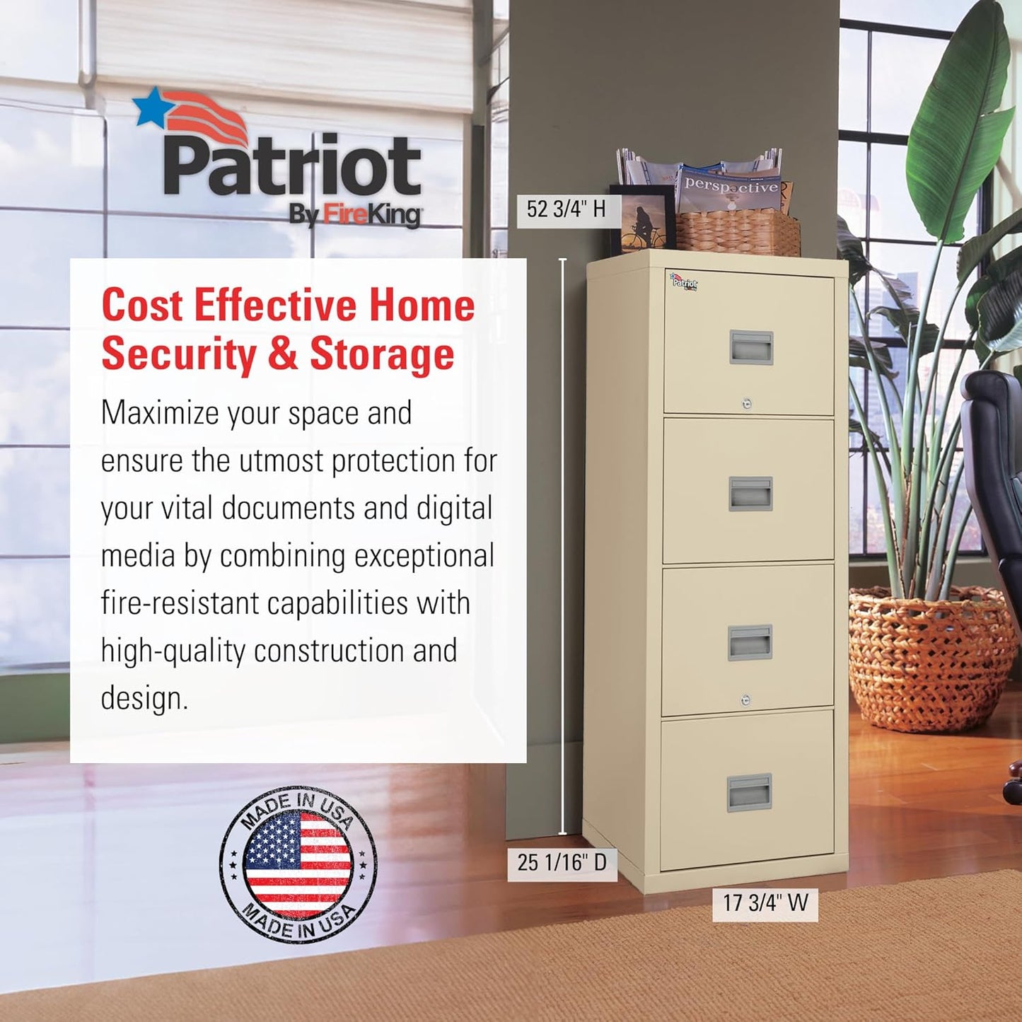FireKing Patriot Vertical 4 Drawer Legal & Letter Fire Safe File Cabinet, Key Lock, 1 Hour Fire Rated UL Rated & Water Resistant, USA Made, Parchment