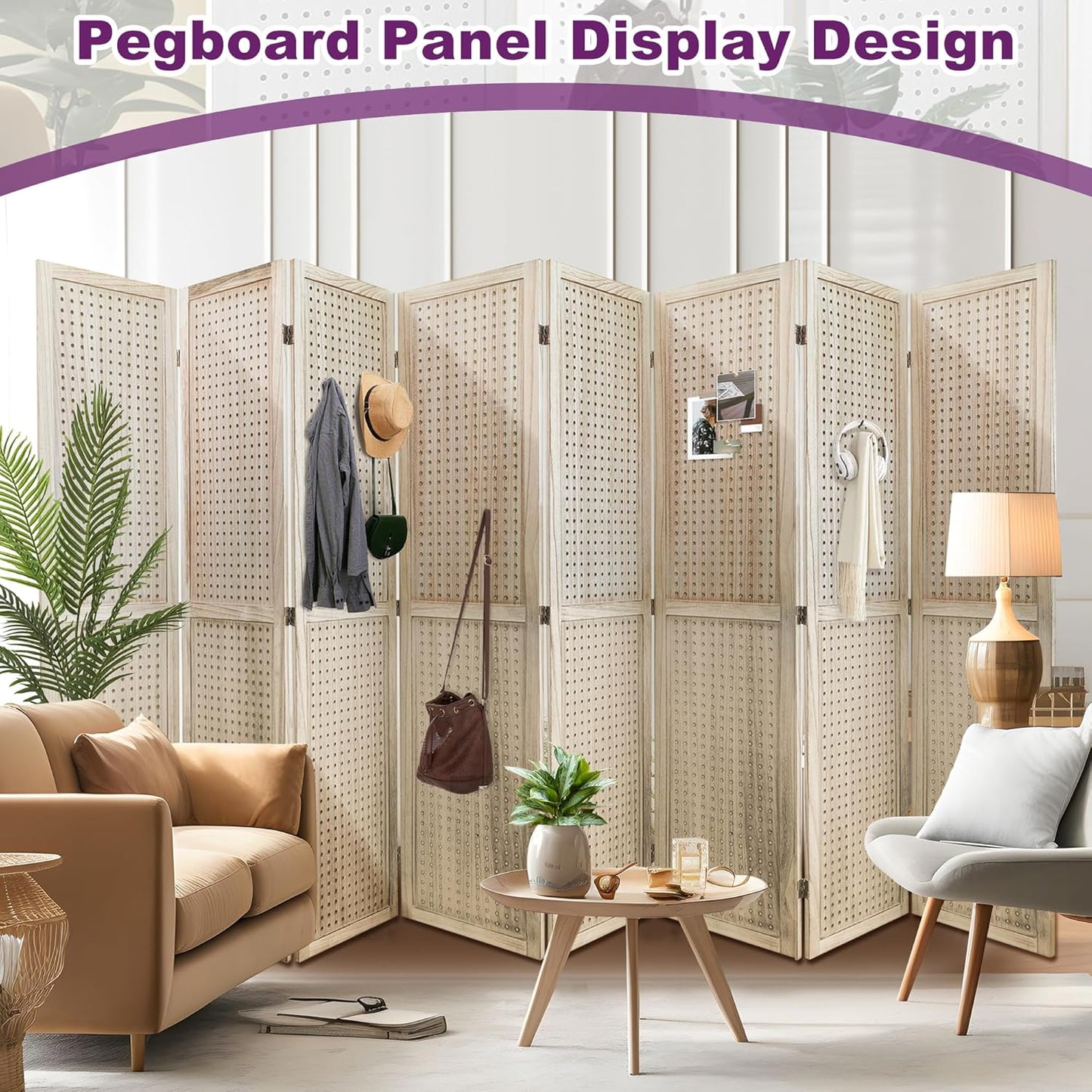 Room Divider, 5.6FT Folding Room Divider Panel, 8 Panel Pegboard Display Wood Partition Wall Divider for Room Separation& Craft Shows, Natural Wood
