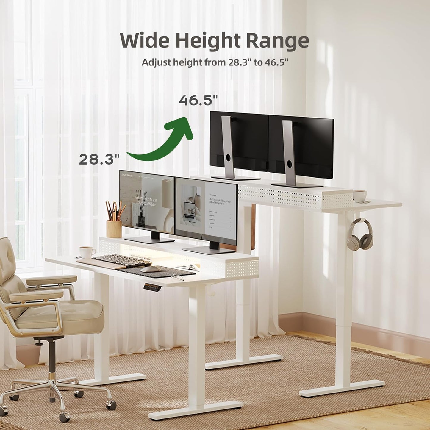 Claiks Electric Standing Desk with Shelf, 55 Inch Height Adjustable Standing Desk with LED Lights & Monitor Stand, White Frame/White Top