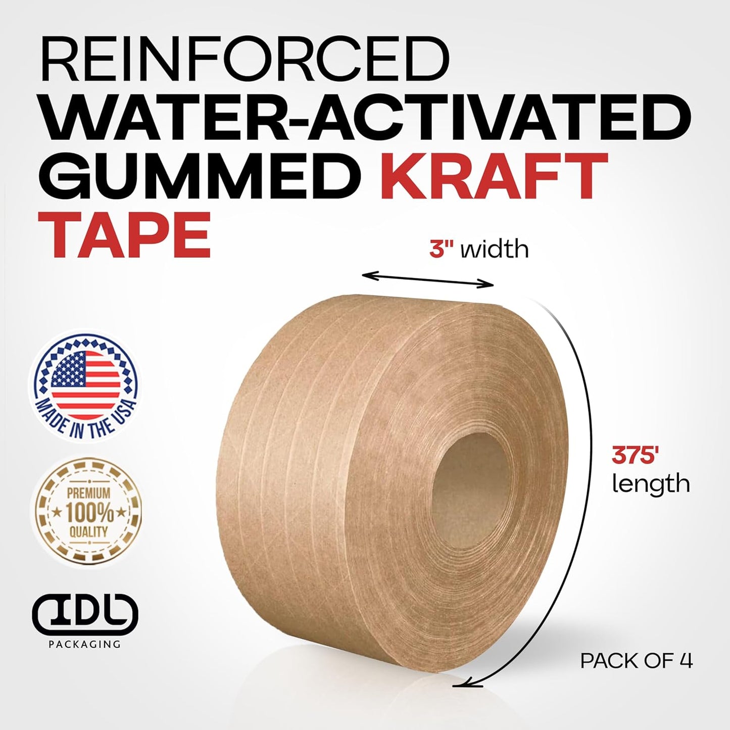 IDL Packaging 3" x 375 feet Reinforced Water-Activated Kraft Gummed Tape 70lb Thickness (Pack of 4) - Secure Paper Packing Tape for Secure Carton Sealing - Heavy-Duty for All Conditions, Brown