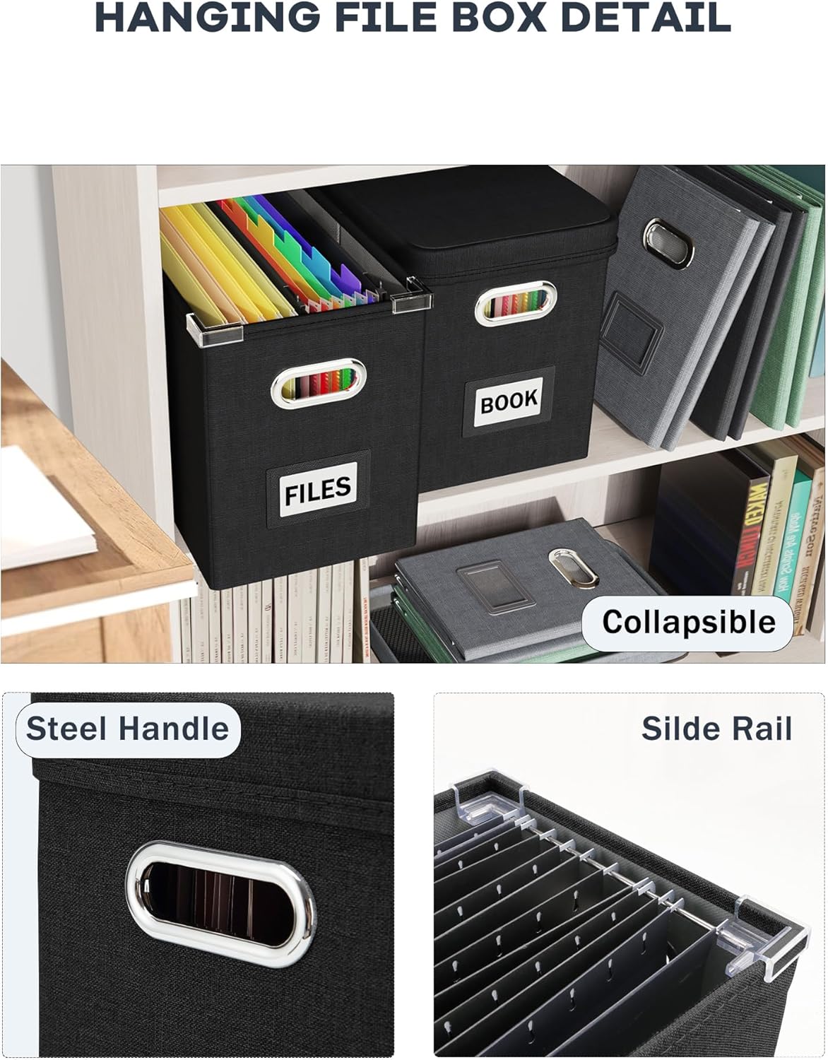 Oterri File Organizer Box with Lid, Hanging Filing File Box with Mesh Pocket, Document Organizer Box for Letter Files, Portable Storage Box with Smooth Sliding Rail for Office&Home (1 PCS, Black)