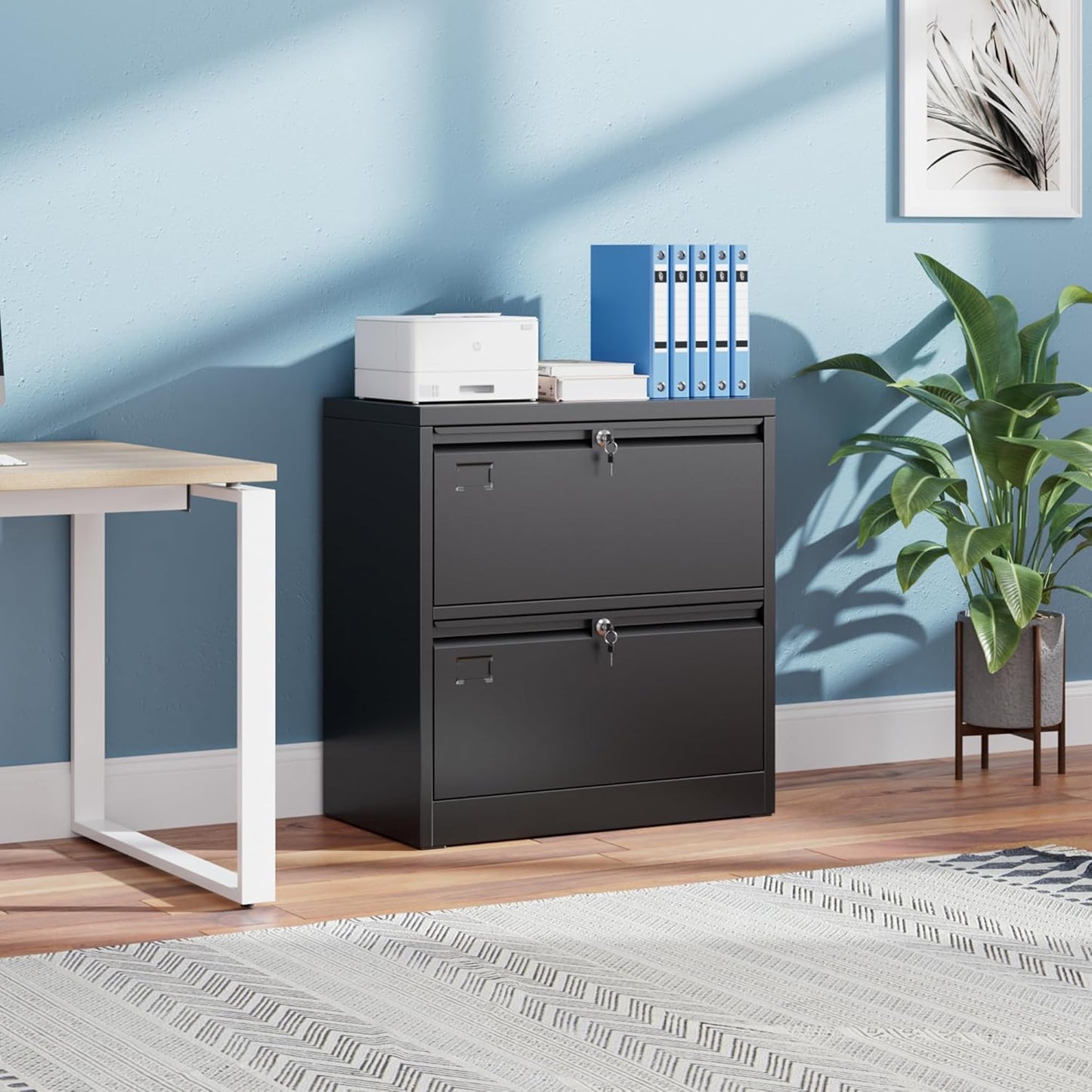Metal 2 Drawer Lateral File Cabinet with 2 Lock - Wide Filing Cabinet for Letter/Legal/F4/A4 Hanging Files - Includes Business Card Holder,Home Office School Storage,Black