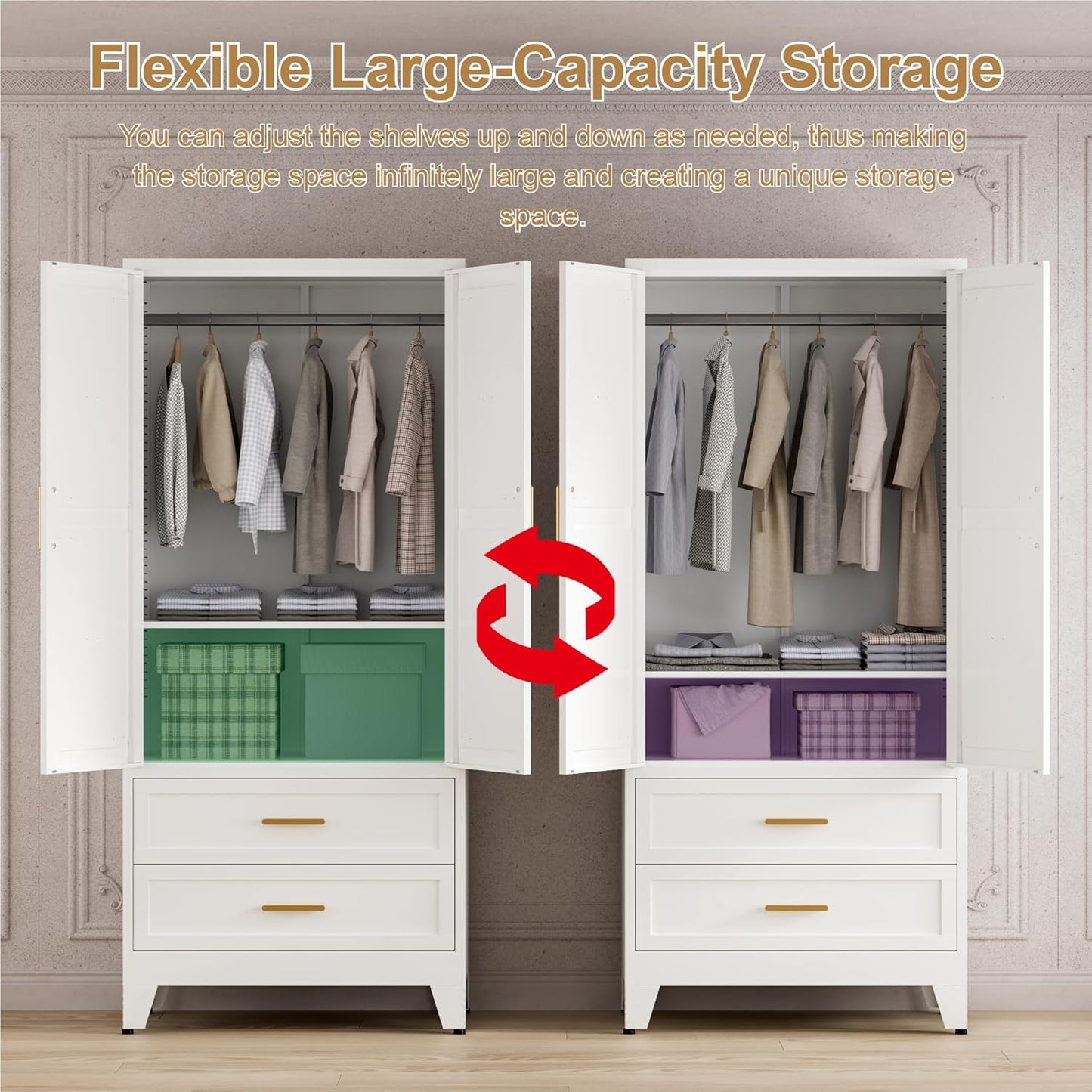 71'' Farmhouse Metal Wardrobe Cabinet with Hanging Rod, 2 Barn Door Wardrobe Closet with Adjustable Shelves,2 Drawer,for Dining Room,Bedroom,Living Room, Cloak Room,Office (White)