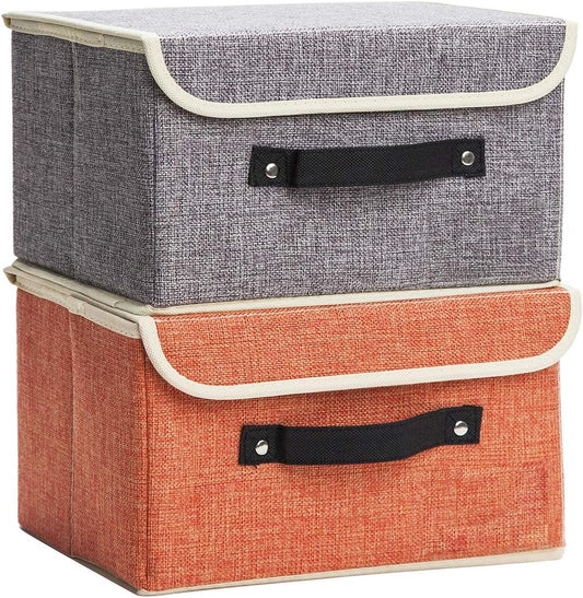 Small Storage Boxes with Lids 2 Pack Linen Collapsible Cube Storage Basket with Handle & Label, Jane's Home Foldable Fabric Storage bins for Shelf & Closet to storage Clothes & Toys