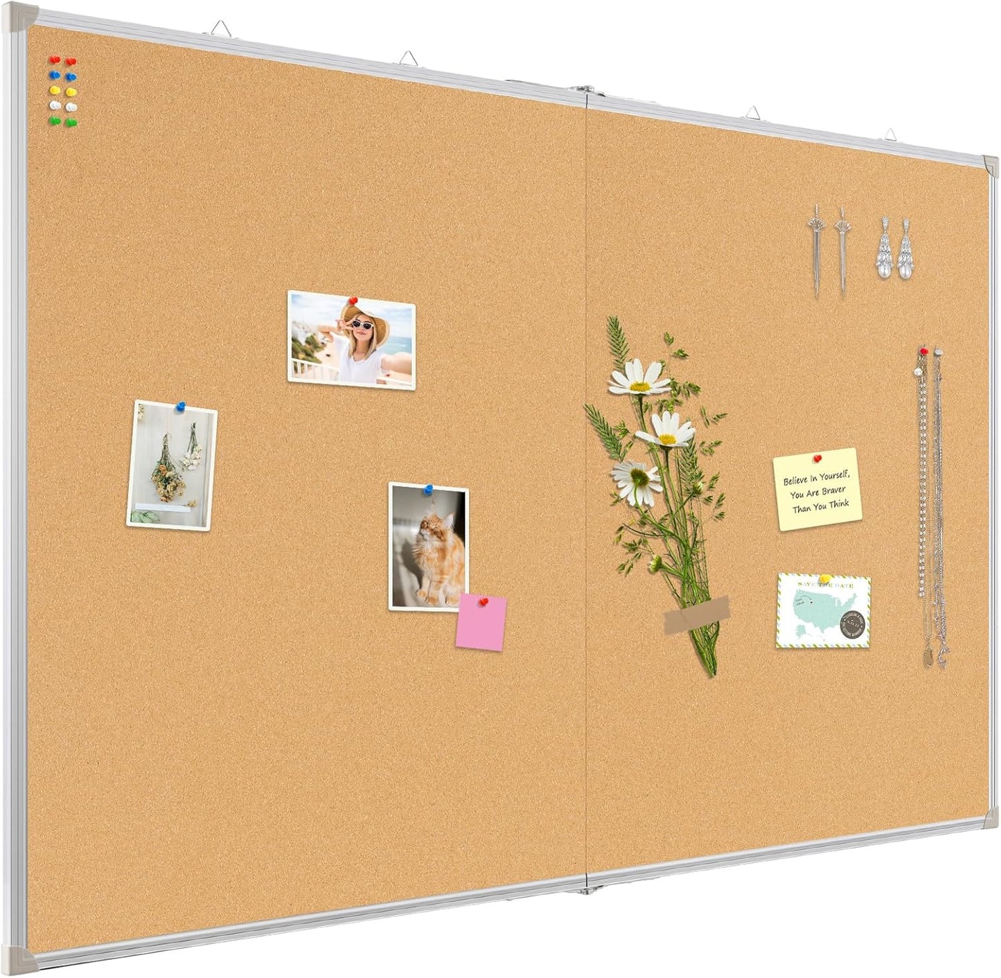 Double-Sided Large Cork Board, 48" x 36" Foldable Hanging Aluminum Framed Bulletin Board, Vision Board Pin Board Corkboards for Walls, Office, School Decor, 20 Pushpins