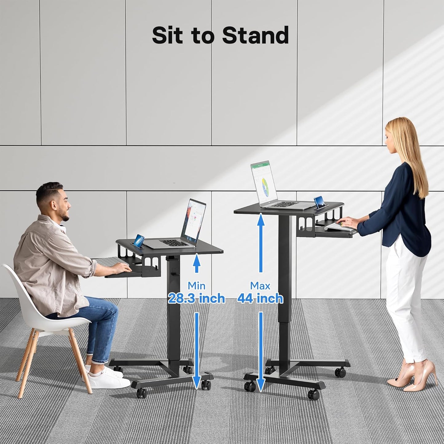 BONTEC Mobile Standing Desk with Keyboard Tray, Mobile Podium, Rolling Laptop Sit Stand Desk on Wheels, Adjustable Height Desk Up to 33lbs, Portable Computer Workstation Cart for Living Room, Office