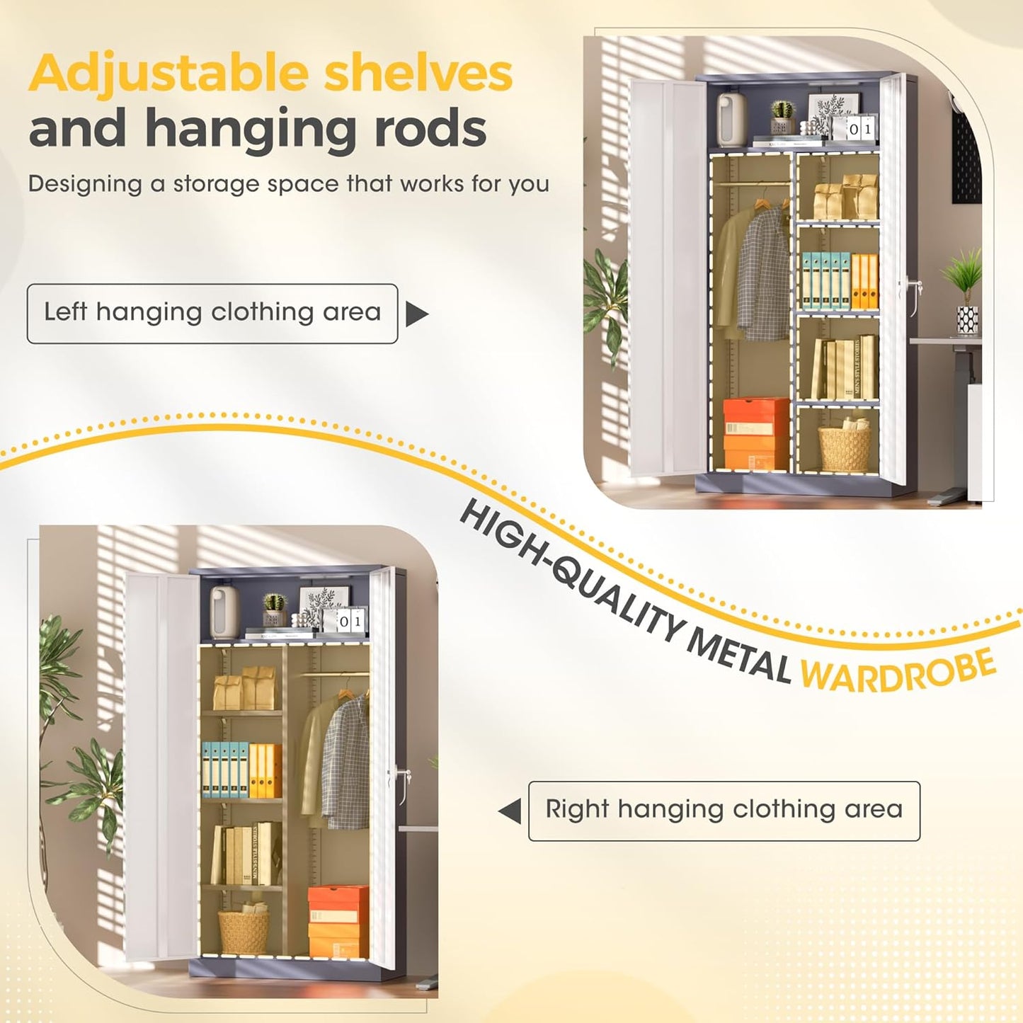 Greenvelly Metal Storage Wardrobe Cabinet with Lock, 72" White Grey Metal Wardrobe Closet for Hanging Clothes with Doors and Shelves, Modern Clothes Closet for Home, Office and Bedroom, School,Gym