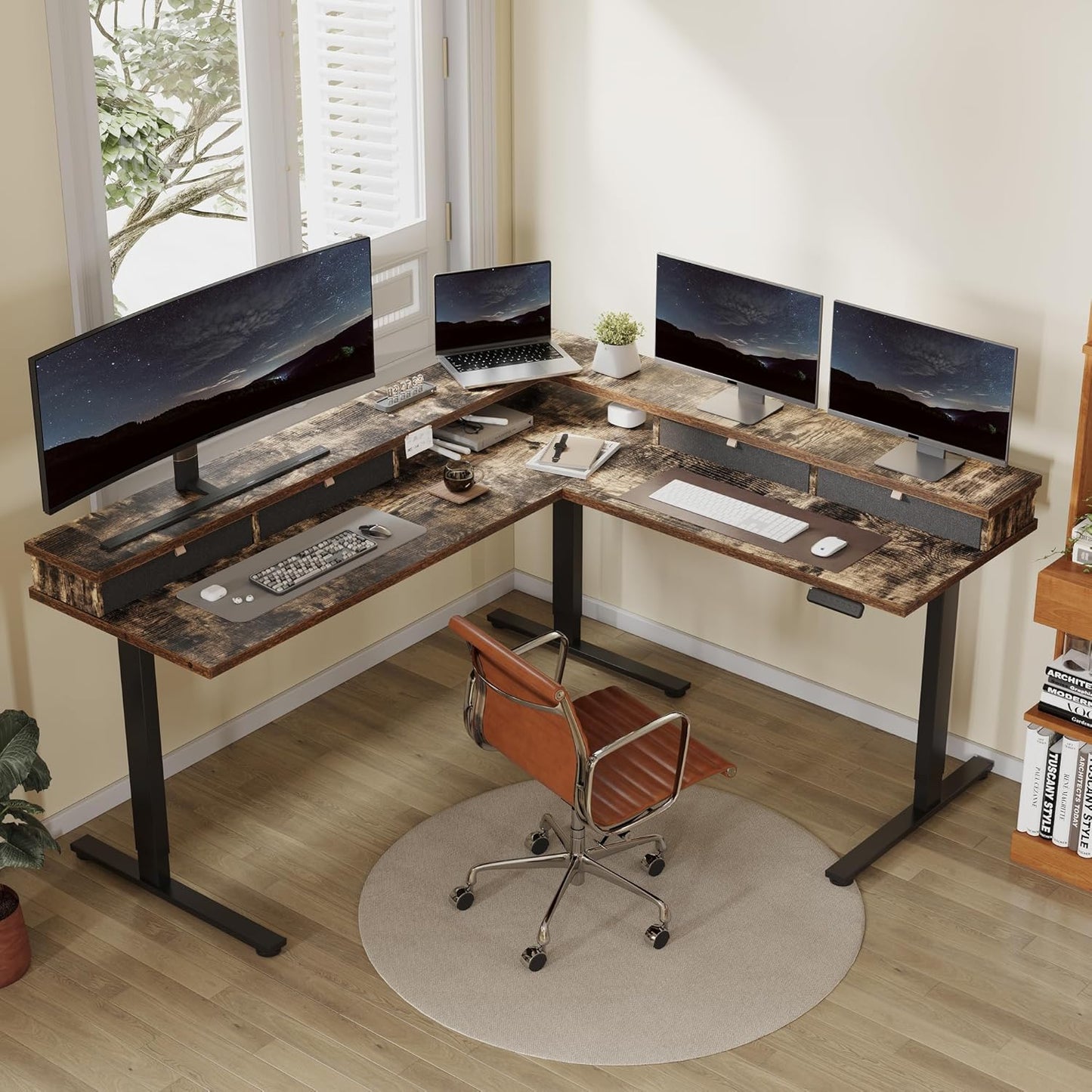 FLEXISPOT 71'' L Shaped Standing Desk Electric Corner Table with Shelf, 4 Storage Drawers, Adjustable Computer Workstation for Home, Office, Game, Studio, Rustic Brown Top + Black Frame