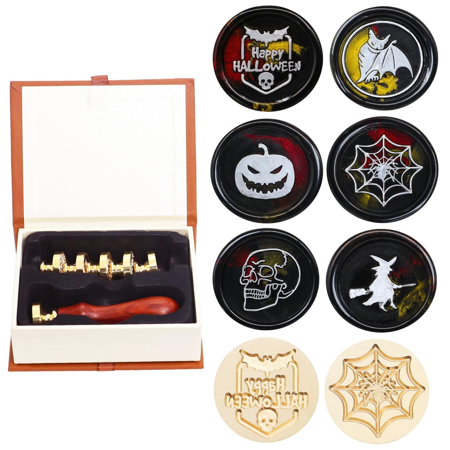 SWANGSA Halloween Wax Seal Stamp Set, Vintage 6 Pieces Sealing Wax Stamp Heads and 1 Wooden Handle for Halloween Party Invitations, Letters, Envelopes, Christmas (Halloween Set)