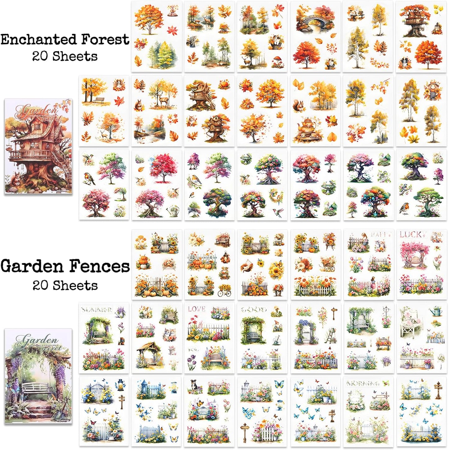 Knaid Scenery Sticker Set (490+ Pieces, 80 Sheets) 4 Pack Sticker Books Blooming Windows, Garden Houses, Enchanted Forest, Garden Fences Journaling Stickers for Scrapbook Bullet Junk Journals Planner