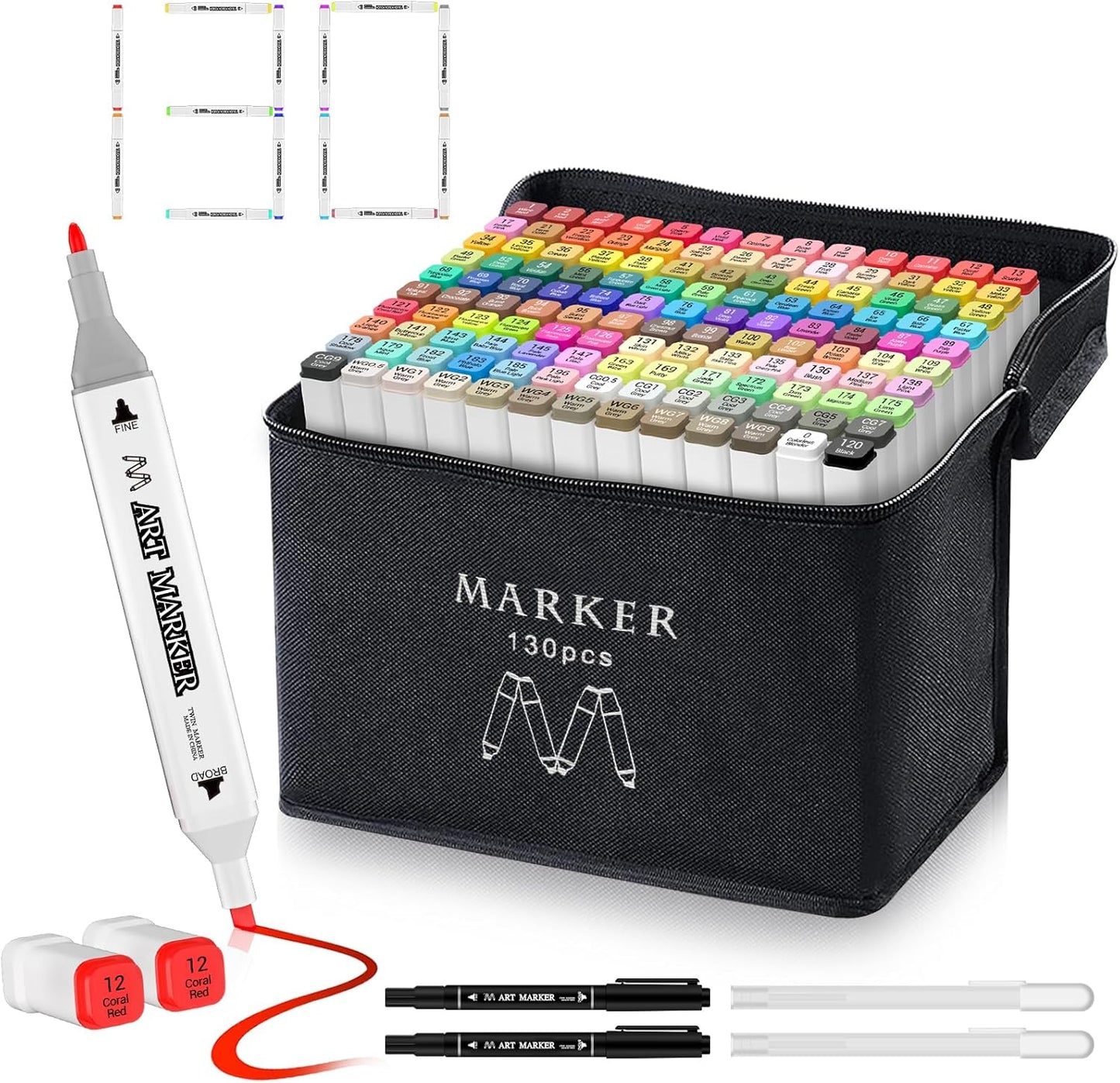 Banral 130 Colors Dual Tip Alcohol Based Markers, Twin Sketch Art Marker Set Pens for Artists Kids Adult Coloring Drawing Sketching Card Making Illustration, Premium Brush Markers with Case