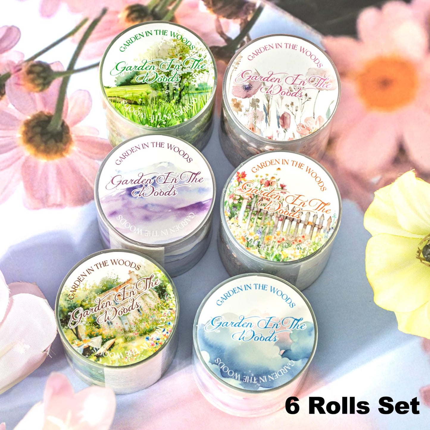 6 Rolls Transparent PET Tape Set, Nature Landscape Decorative Stickers for Scrapbooking, Journaling, DIY Crafts, Waterproof Craft Supplies with Decorative Clip