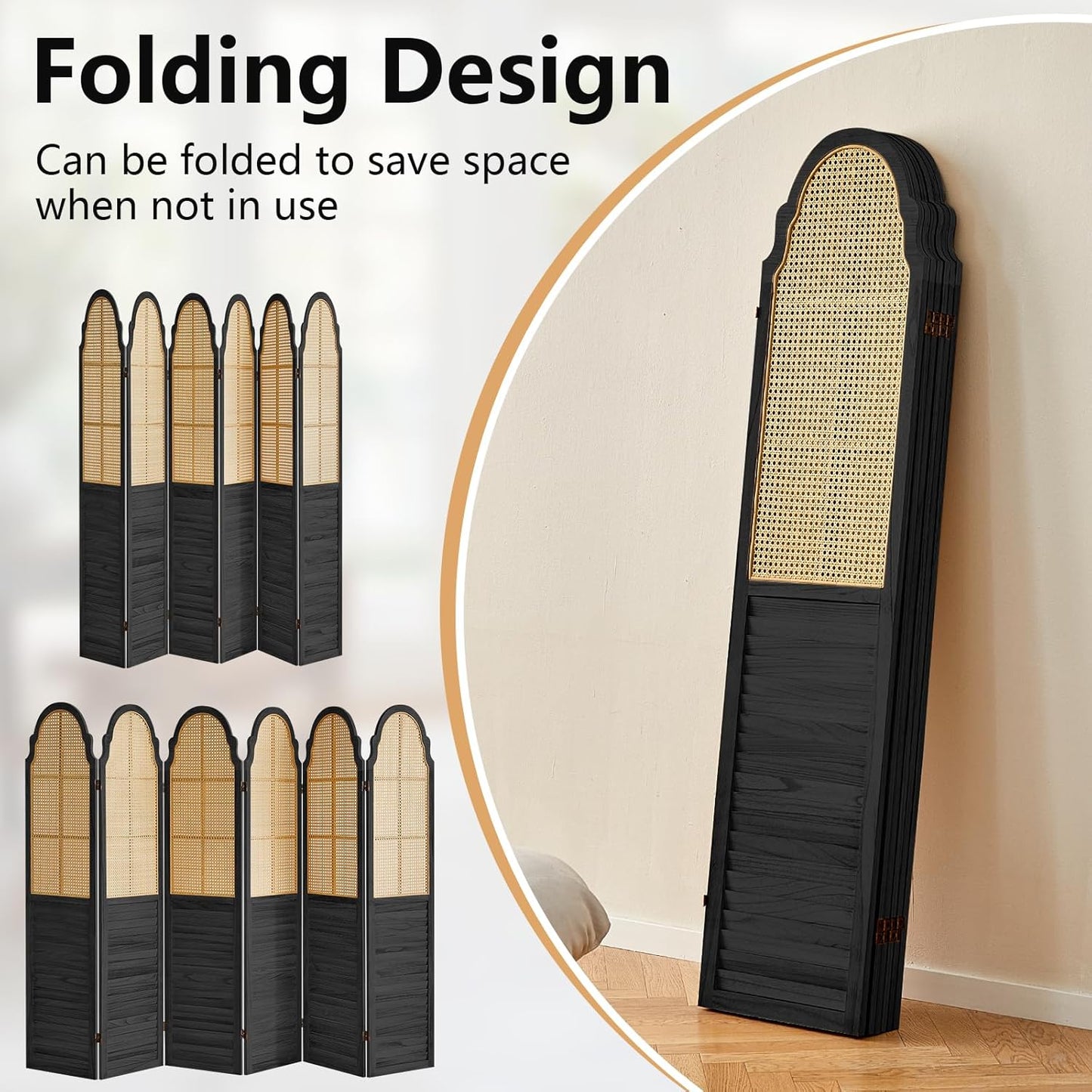 6 Panel Rattan Room Divider Panel, 5.6Ft Partitions and Dividers, Louvered Partition Divider, Room Dividers Screen, Solid Wood Frame, Folding Screen, Bedroom, Family Room, Black